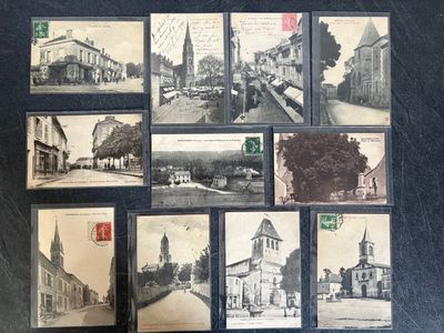 several old black and white photographs of a town with a clock tower
