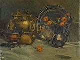une image représentant une peinture d'une théière et d'un bol contenant des fleurs