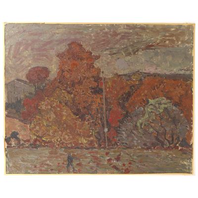 une image représentant un tableau représentant un paysage avec des arbres et des rochers