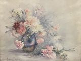 a painting of flowers in a blue vase on a table