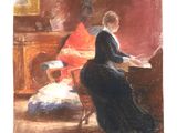 une image représentant un tableau où l'on voit une femme assise au piano