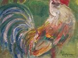 painting of a rooster in a field of grass with a tree in the background