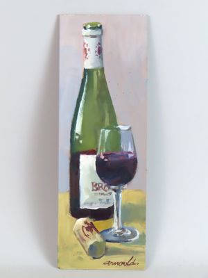une peinture représentant une bouteille de vin et un verre de vin
