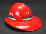 red fireman ' s hard hat with green and white stripes