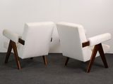 pair of mid century danish lounge chairs in white wool and walnut