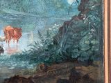 an oil painting of cows in a river surrounded by greenery
