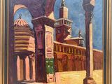 an oil painting of a building with a clock tower in the background