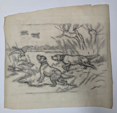 un vieux dessin représentant un chien qui en poursuit un autre dans l'herbe