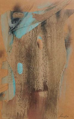 painting of a man with a hat and a tie on a brown background