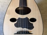 a close up of a guitar with a mustache on it ' s neck