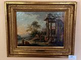 an oil painting of a landscape with a man and a dog