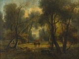 an image of a painting of two people riding horses in a wooded area