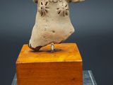 un gros plan sur une statue représentant une tête posée sur un bloc de bois