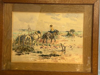 painting of a man on a horse pulling a cart with a man on a horse
