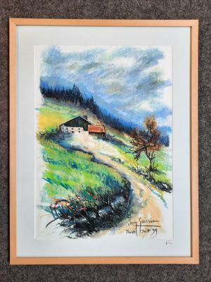 une peinture représentant une maison sur une colline, avec des arbres et de l'herbe