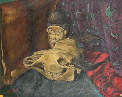un tableau représentant une femme allongée sur un canapé avec un crâne de vache