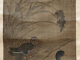 chinese scroll painting of two ducks in a pond with reeds