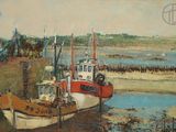 un tableau représentant un bateau amarré dans un port