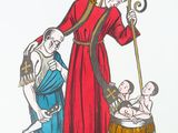 a drawing of a woman in a red dress with a baby in a barrel