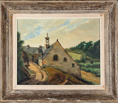 une peinture à l'huile représentant une maison sur une colline, avec une église en arrière-plan