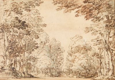 dessin représentant un paysage boisé avec un homme sur une charrette tirée par un cheval