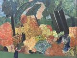 tableau représentant une femme et un chien dans un parc bordé d'arbres