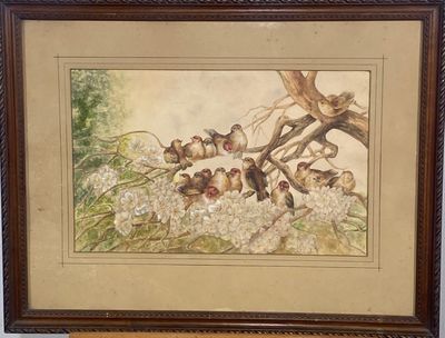 une photo d'un tableau représentant des oiseaux perchés sur une branche d'arbre