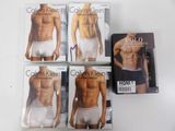 four men ' s underwear are on display on a white table