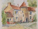 a watercolor painting of a house with a wheelbarrow in front of it