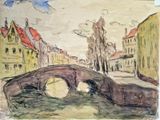 un dessin représentant un pont enjambant une rivière dans une ville