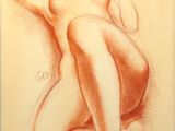 dessin représentant une femme nue assise par terre, les bras derrière la tête