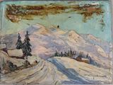tableau représentant un paysage de montagne enneigé avec une maison et des arbres