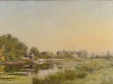 painting of a river scene with a small boat in the water