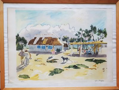 a picture of a painting of people and animals in a field