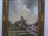 une peinture à l'huile représentant une église avec des moutons au premier plan