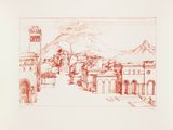 drawing of a view of a town with a clock tower in the distance