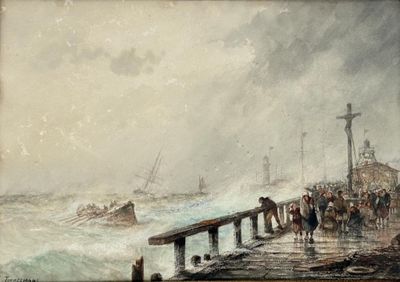 un tableau représentant un groupe de personnes debout sur une jetée