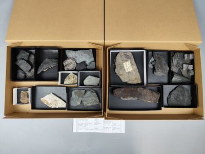 une boîte remplie de cailloux et d'autres cailloux posés sur une table
