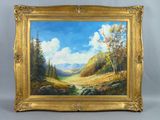 an oil painting of a mountain scene with a stream in the foreground
