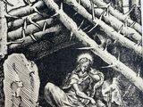 an old black and white drawing of a man sitting in front of a pile of logs