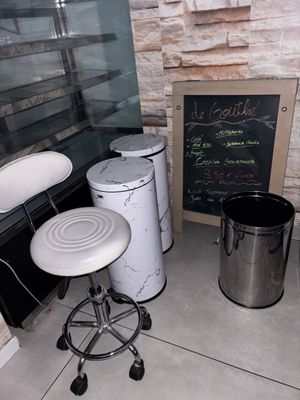 a blackboard on the wall behind the stools