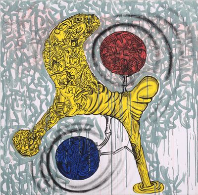 une image représentant un tableau sur lequel figure un homme tenant une balle rouge et bleue