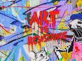 painting of a rat with a paintbrush and a spray can with the words art is resistance