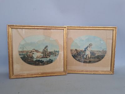two framed pictures of a couple of people riding horses in a field