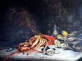 a painting of lobsters and oysters on a table