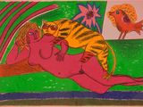 dessin représentant une femme allongée sur un lit, avec un chat et un oiseau en arrière-plan