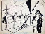 drawing of a man on a boat with a trumpet and a ship in the background