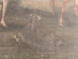 a painting of a giraffe and a horse in a field