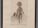 un dessin représentant une femme marchant sur le sable, coiffée d'un chapeau