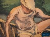 a painting of a man sitting in a boat on the water